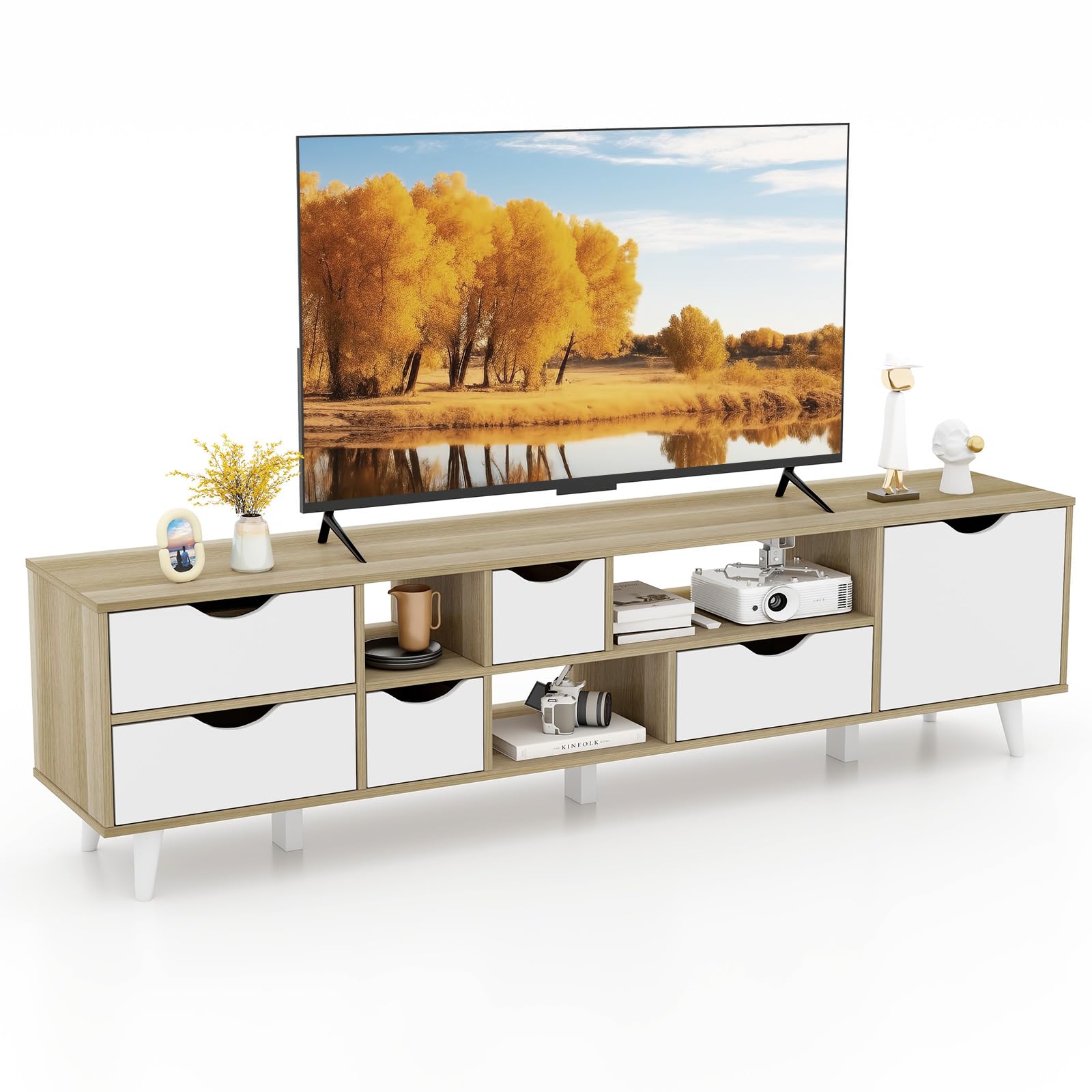 Meuble TV Tangkula pour téléviseurs jusqu'à 65 pouces, console TV moderne du milieu du siècle avec rangement, meuble télé avec 5 tiroirs et 3 étagères ouvertes